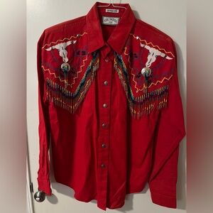 Side Saddle Red Western Shirt with Embroidered and Beaded Details